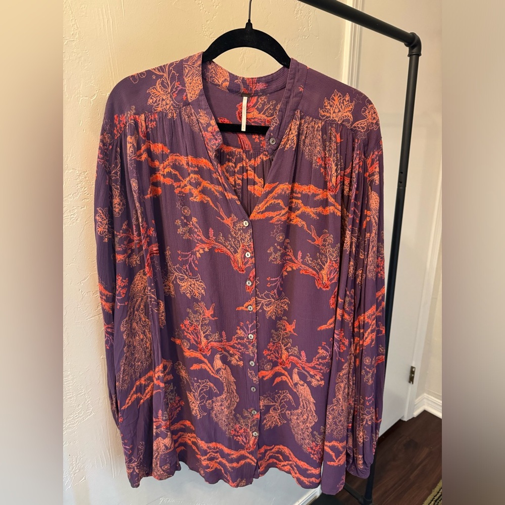 Free People Purple and Orange Floral Blouse